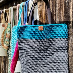Torba handmade ze sznurka bawełnianego z uchwytami z ekoskóry w kolorze szarym i turkusowym